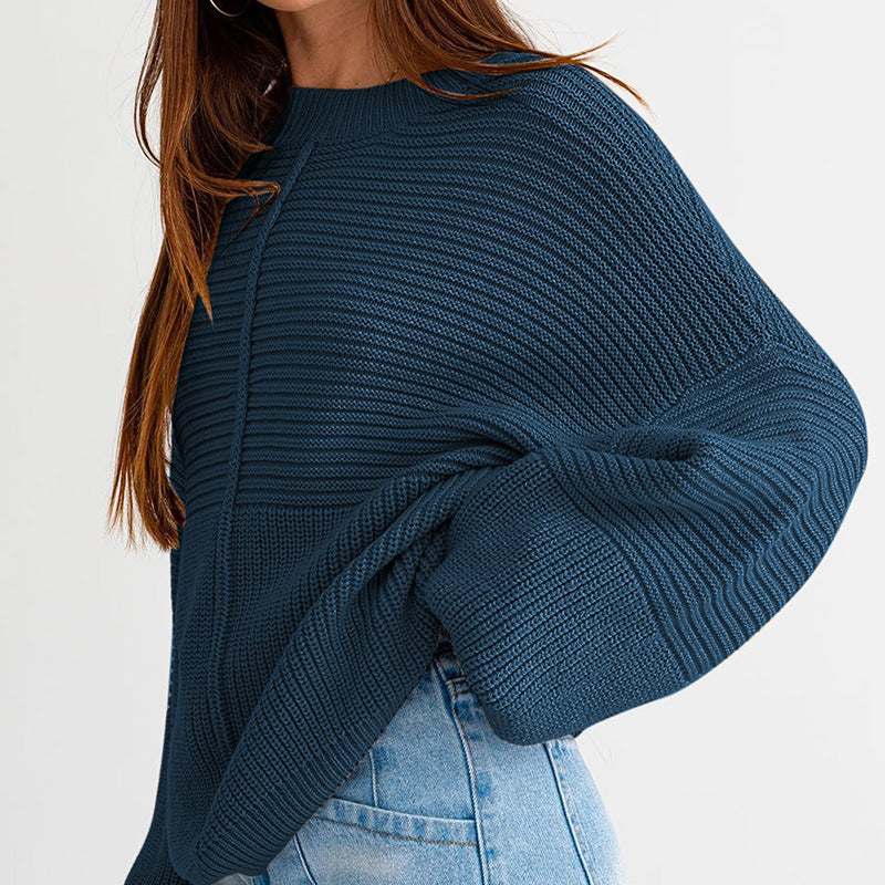 Einfarbiger Patchwork Rundhals-Strickpullover mit lockeren Laternenärmeln