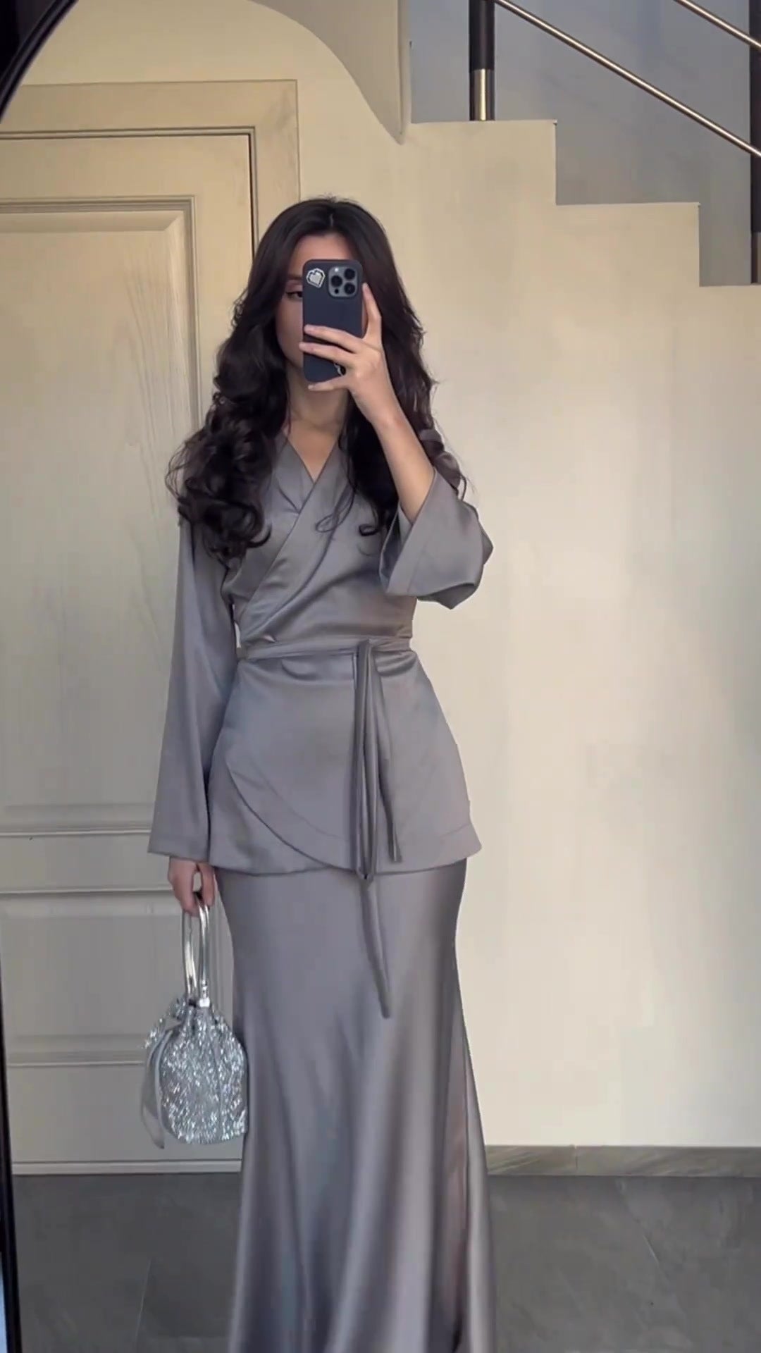 Fashion Satin Patchwork Long Dress Suit Women