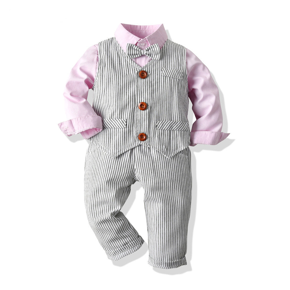 Baby Jungen Anzug, Weißes Hemd mit Krawatte, Gestreifter Weste, Drei-teilige Hose, Frühling und Herbst