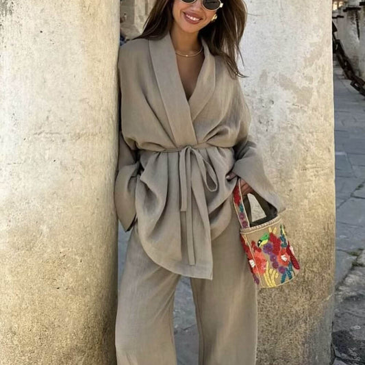 Texture Double Breasted Kimono Top Drawstring Pants Suit