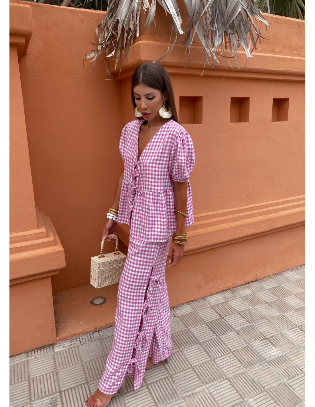 Women's Fashion V-neck Lace-up Plaid Knotted Suit