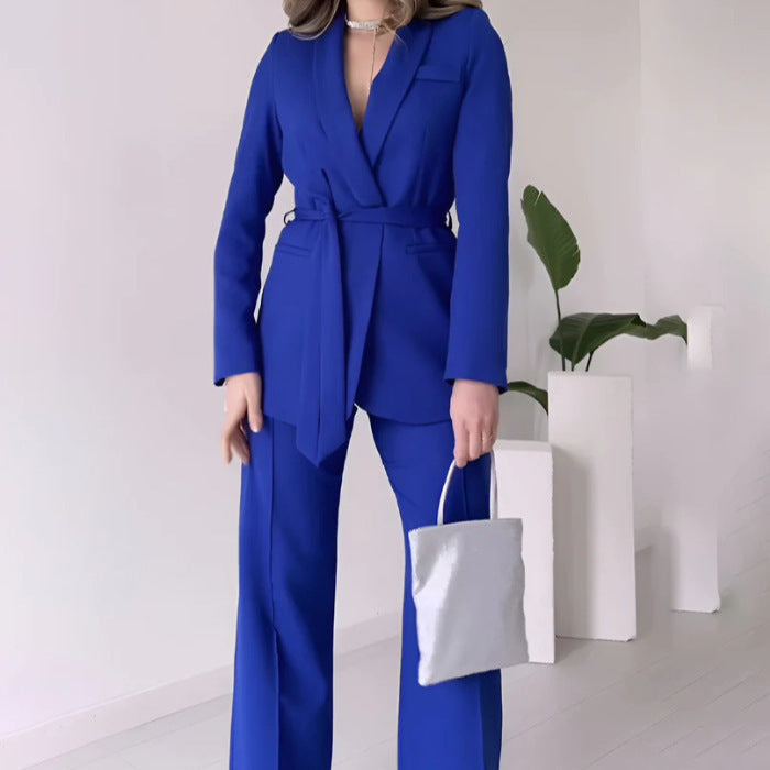 Damen Mode einfarbig Polo Kragen Schnürung Taille Temperament Twinset