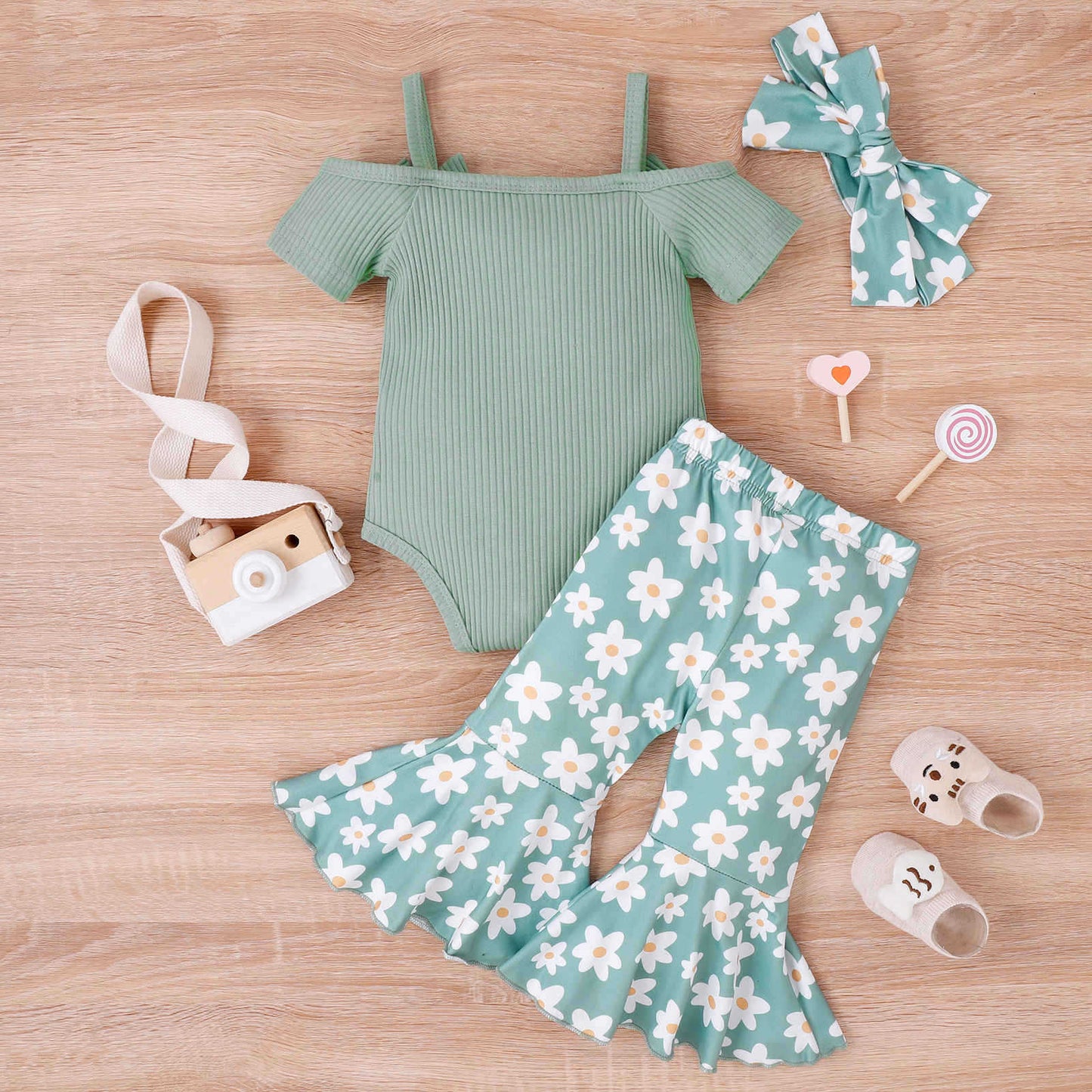 Baby Mädchen Kleinkind Sommer Schleifen-Träger V-Ausschnitt Kurzarm-Body Bedruckte Schlaghosen