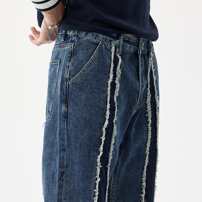 Ausgefranste Stitching Jeans Herren lose gerade gewaschene Hose