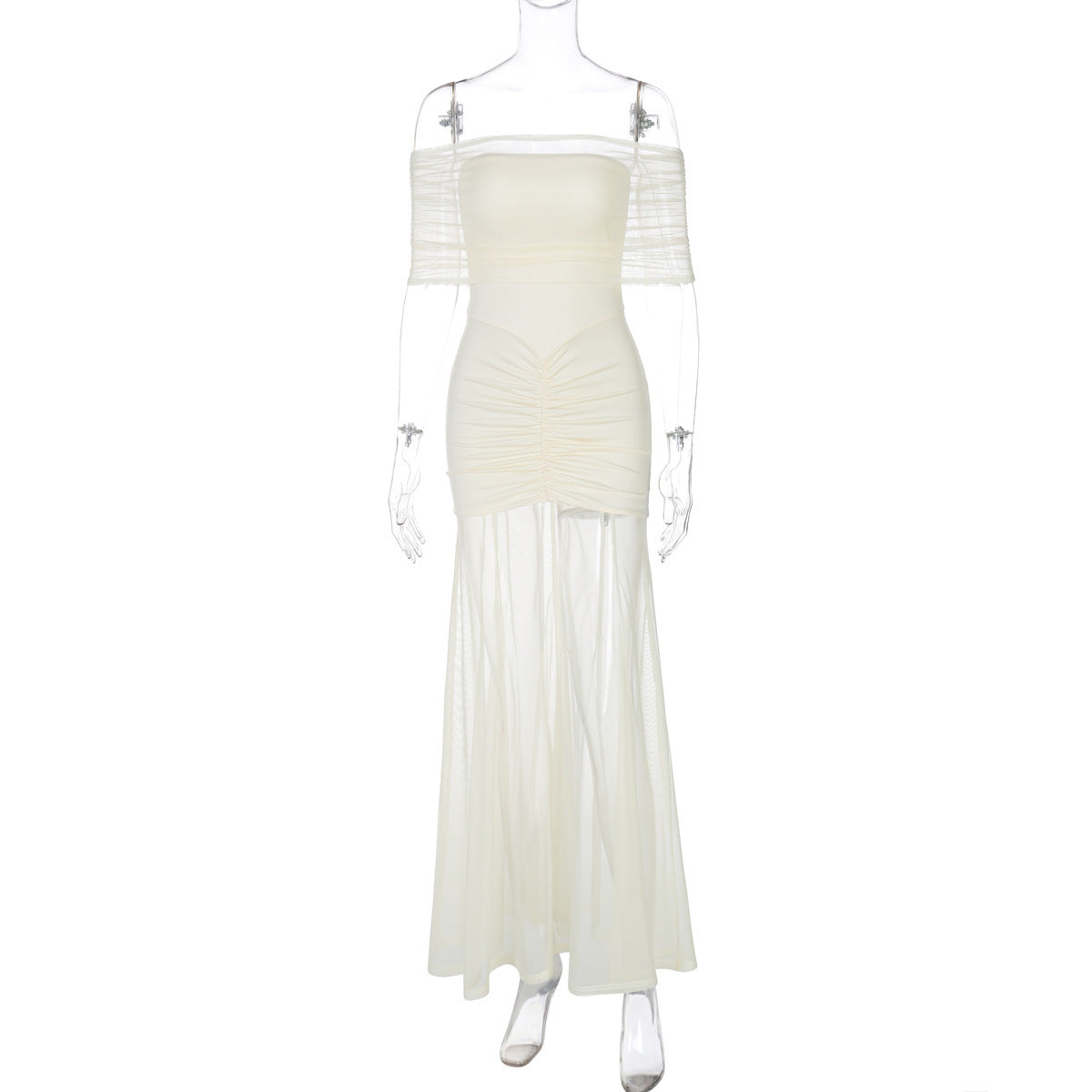 Damen Off-Shoulder Mesh-Faltenkleid
