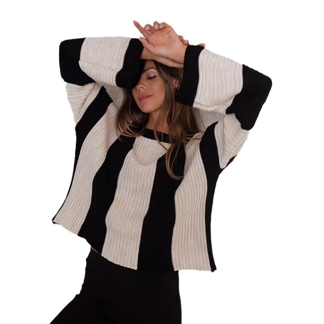 Pullover Ins Style Loose Plus Größe Vertikale Streifen Kontrast farbe Rundhals-Strick pullover