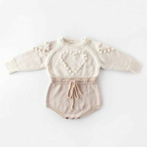 Baby Knitted Wool Long Sleeve Bodysuit with Handmade Heart Pattern