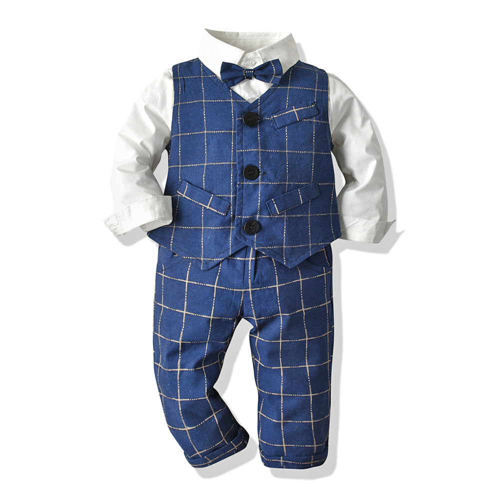 Baby Jungen Anzug, Weißes Hemd mit Krawatte, Gestreifter Weste, Drei-teilige Hose, Frühling und Herbst