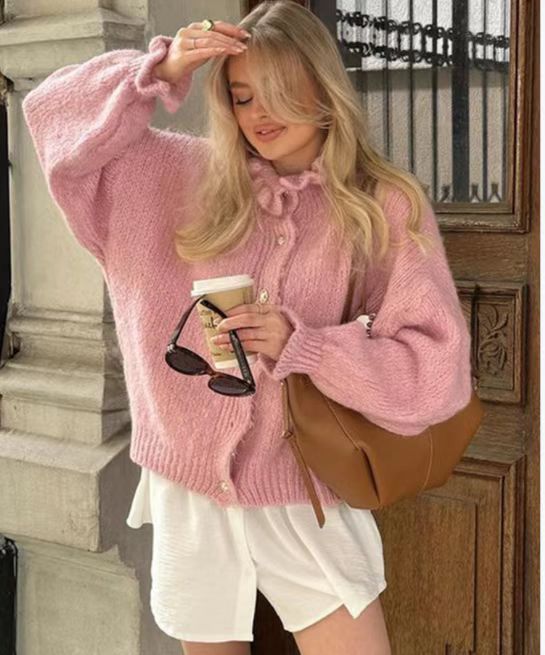 Damen Preppy-Stil Rundhals Pullover Cardigan mit eleganten Rüschen