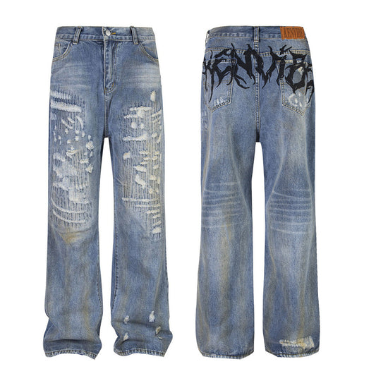 Punk Used Look zerrissene Buchstaben Denim Hose Herren