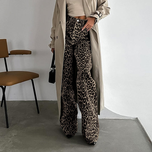 Sommerliche Retro Street Style Lockere Niedrig-Taillen Leopard-Print Hose – Vielseitige Baumwollweite Bein-Hose