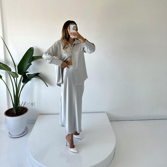 Hochwertiges Satin-Langarm-Hemd mit hoher Taille Swing-Kleid Zweiteiliges Set