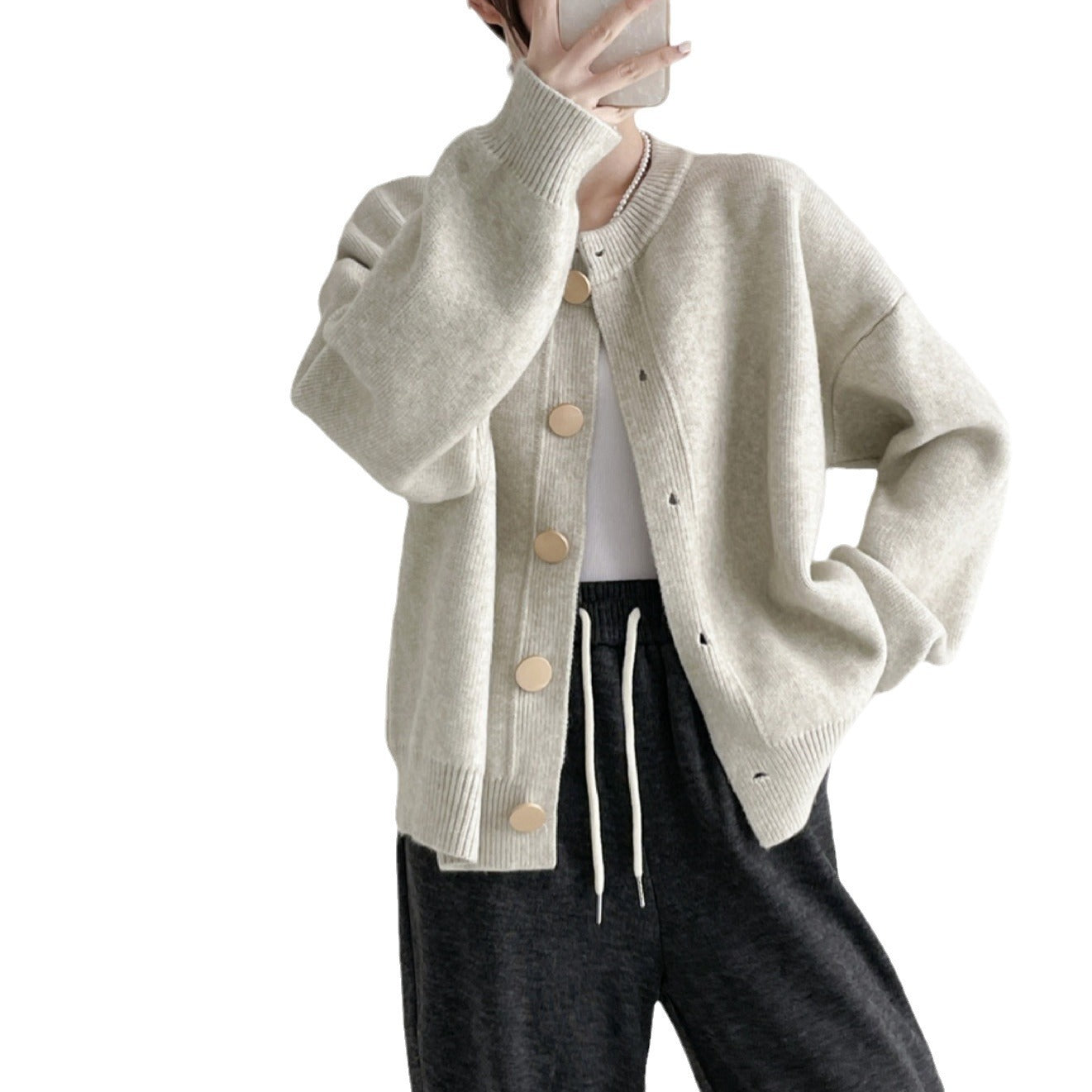 Rundhals Einfarbige Lockere Strickjacke Damen Herbst und Winter