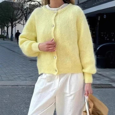 Einreihiger Cardigan-Pullover-Mantel mit rundem Ausschnitt einfarbig