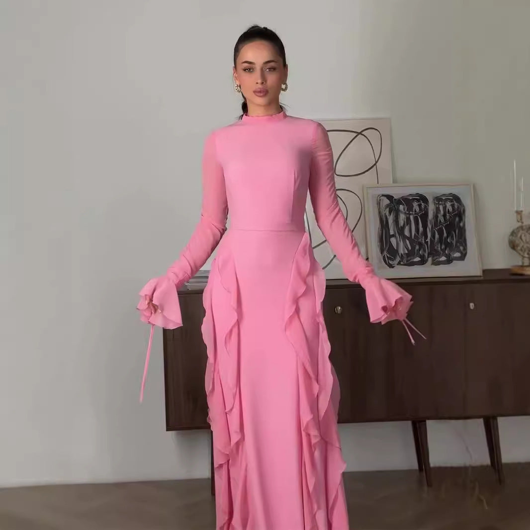 ruffle shiffon patchwork dress with half turtleneck