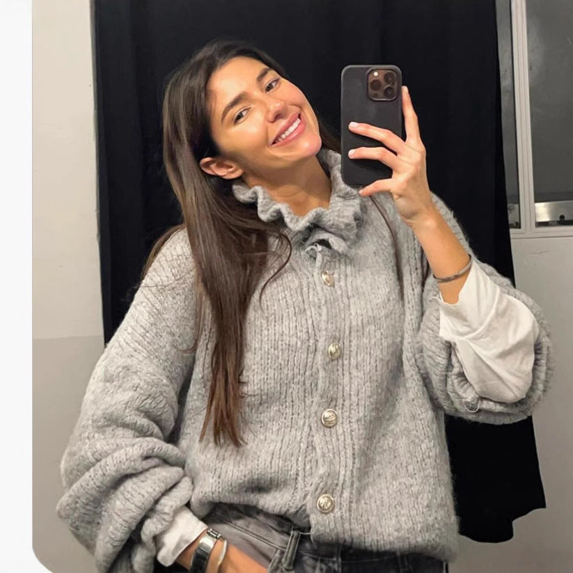 Damen Preppy-Stil Rundhals Pullover Cardigan mit eleganten Rüschen