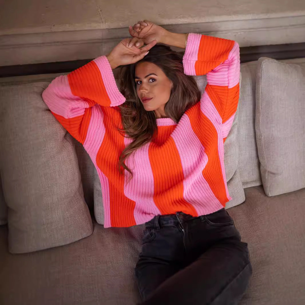 Pullover Ins Style Loose Plus Größe Vertikale Streifen Kontrast farbe Rundhals-Strick pullover