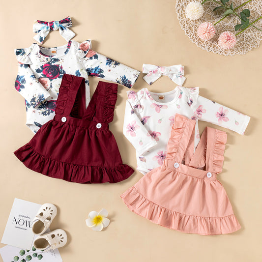 Bedruckter Langarm-Baby Mädchen Strampler Zweifarbiges Trägerkleid mit Rüschen und Kopfschmuck Dreiteiliges Set