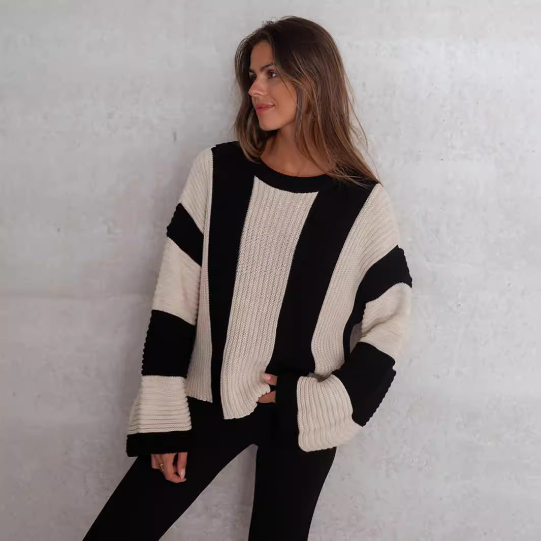 Pullover Ins Style Loose Plus Größe Vertikale Streifen Kontrast farbe Rundhals-Strick pullover