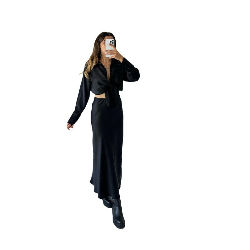 Hochwertiges Satin-Langarm-Hemd mit hoher Taille Swing-Kleid Zweiteiliges Set