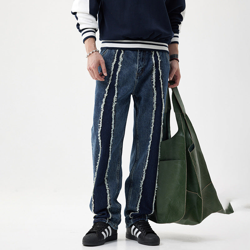 Ausgefranste Stitching Jeans Herren lose gerade gewaschene Hose