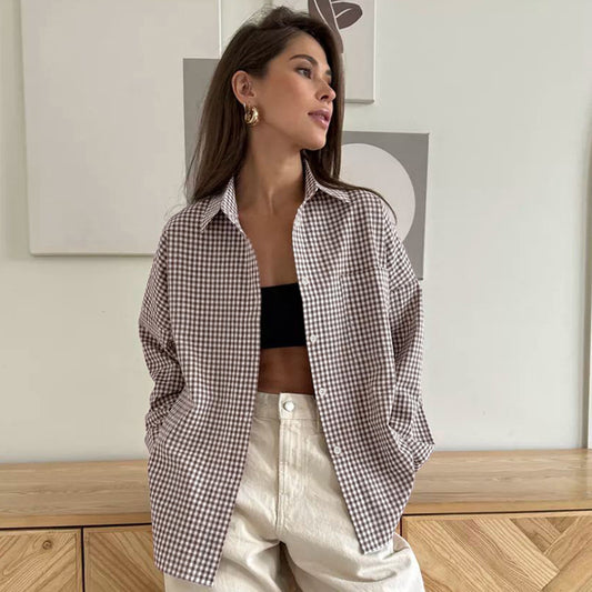 Einfaches Weites Damenhemd aus Reiner Baumwolle mit Karomuster