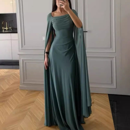 U-Kragen Langarm Mesh-Ärmel Schlankes einfarbiges Kleid