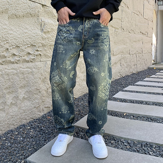 Vintage Jeans Herren mode gedruckt lose lässige gerade Hose