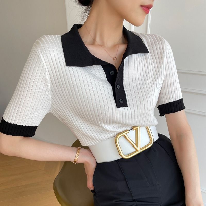 Damen Kontrastfarbiges T-Shirt mit Polokragen aus Eisseide – Leichtes Kurzarm-Top