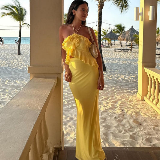 Gelb Halter Spaghetti träger Weste hohe Taille Rock Anzug