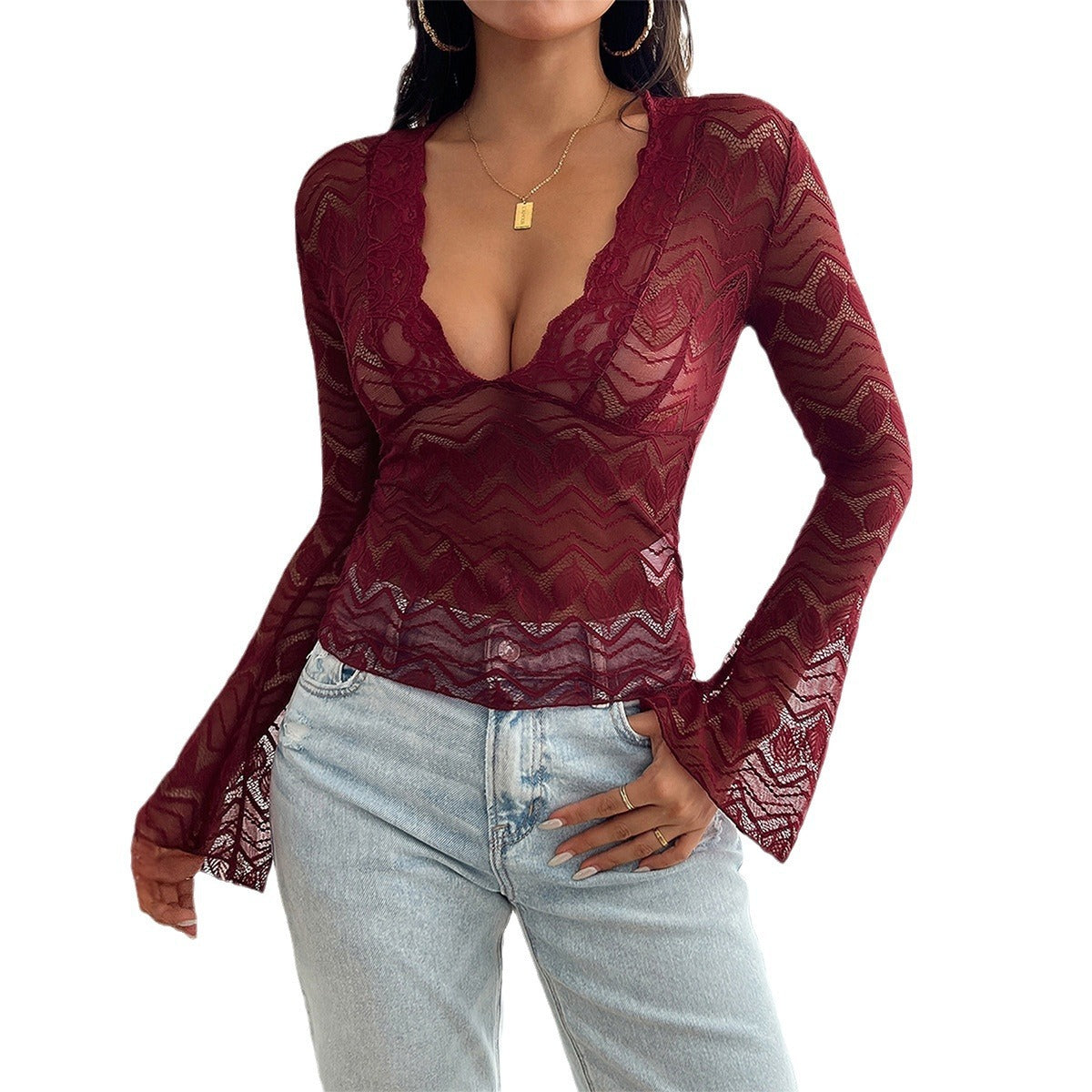 Damen Bell Ärmel hohl aus V-Ausschnitt Pullover Spitze Hemd Top