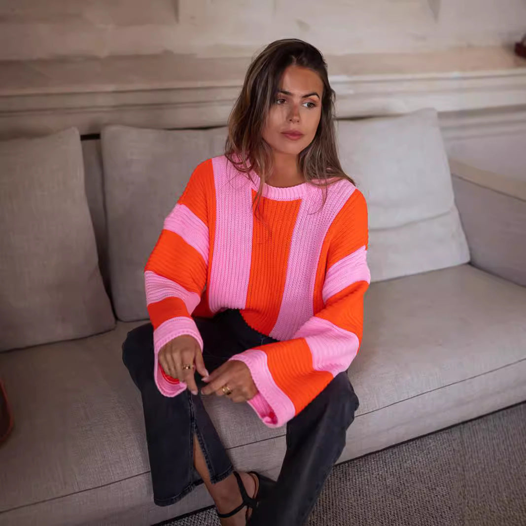 Pullover Ins Style Loose Plus Größe Vertikale Streifen Kontrast farbe Rundhals-Strick pullover