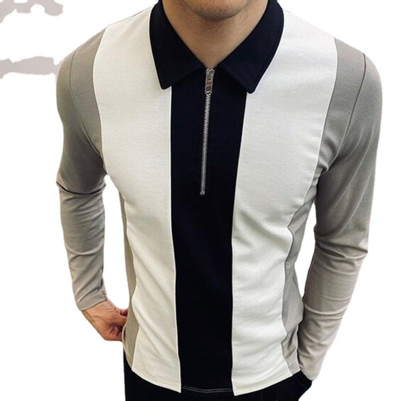 Männer der Colorblock Zipper Revers Langarm T-shirt Slim Polo Shirt T-shirt