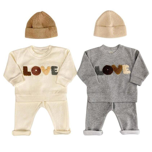 Kinderkleidung Jungen Pullover Anzug Beige Wolle LOVE Handtuch Stickerei Baby Kleidung Zwei-Teiliges Set
