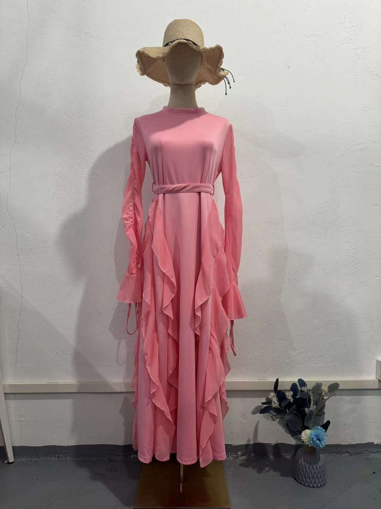 ruffle shiffon patchwork dress with half turtleneck