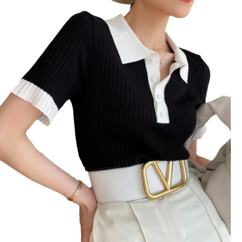 Damen Kontrastfarbiges T-Shirt mit Polokragen aus Eisseide – Leichtes Kurzarm-Top