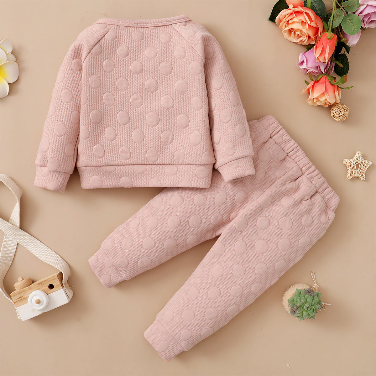 Frühling und Herbst Jungen- und Mädchenanzug Baby Bonbonfarben Einfarbig mit Polka-Dots Rundhalsausschnitt Langarmhosen Kinderkleidung