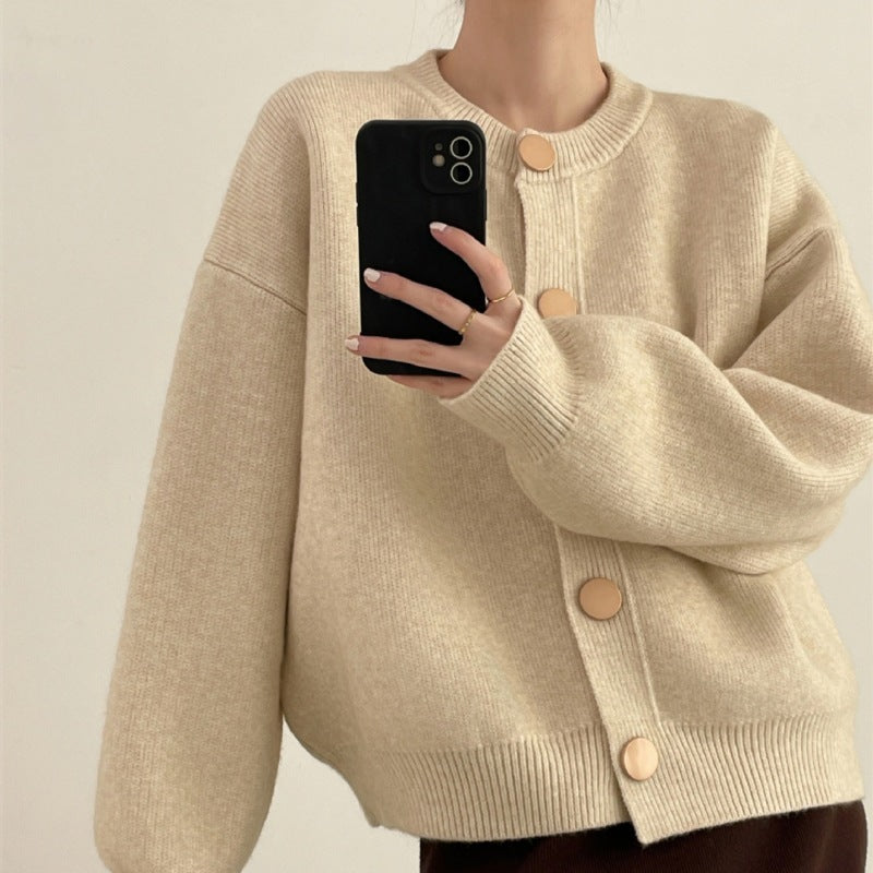 Rundhals Einfarbige Lockere Strickjacke Damen Herbst und Winter