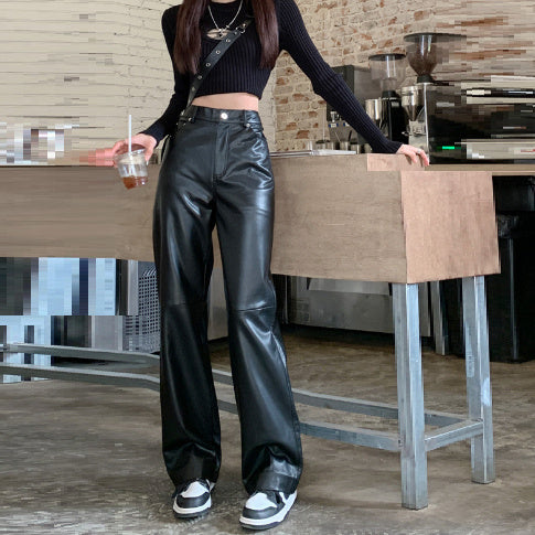 Leder hose mit hoher Taille im Hong Kong-Stil, der Sinn für Design absticht