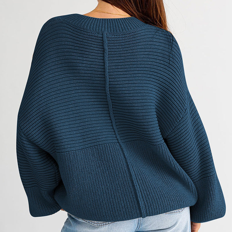 Einfarbiger Patchwork Rundhals-Strickpullover mit lockeren Laternenärmeln