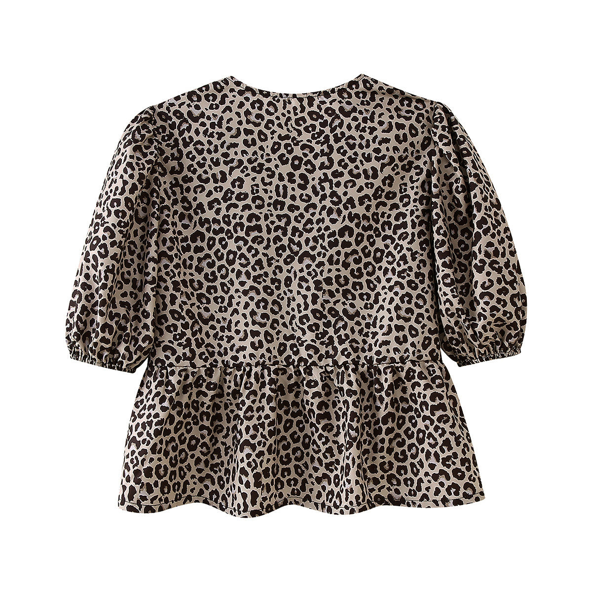 Leopard Print Hollow Lace Up Bubble Sleeve Shirt For Women's Top