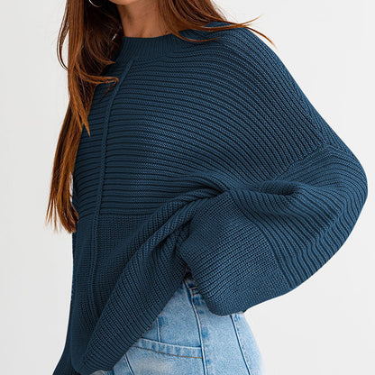 Einfarbiger Patchwork Rundhals-Strickpullover mit lockeren Laternenärmeln