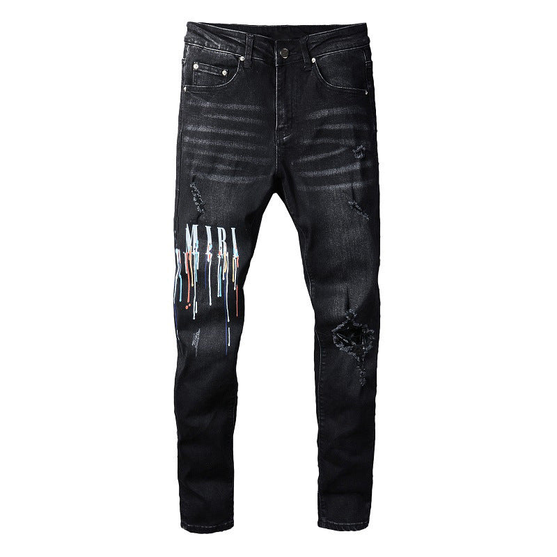 Schwarze Herren-Jeans mit auffälligen bunten Buchstaben