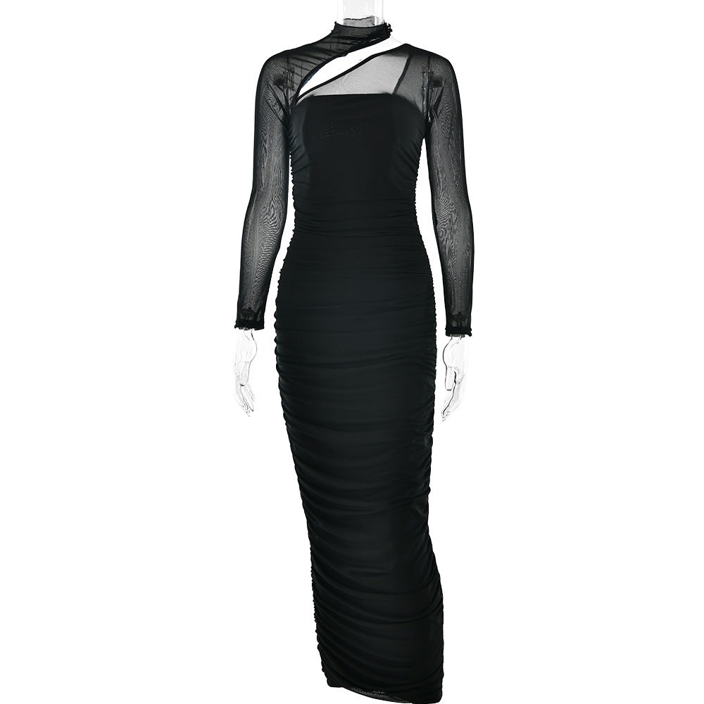 Mesh Kleid mit Rundhalsausschnitt, langen Ärmeln, Rückenfrei, Röhrenoberteil, Figurbetont und Falten