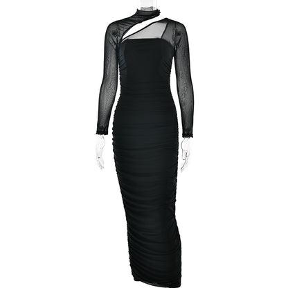 Mesh Kleid mit Rundhalsausschnitt, langen Ärmeln, Rückenfrei, Röhrenoberteil, Figurbetont und Falten