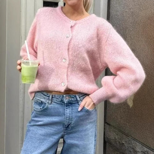 Einreihiger Cardigan-Pullover-Mantel mit rundem Ausschnitt einfarbig