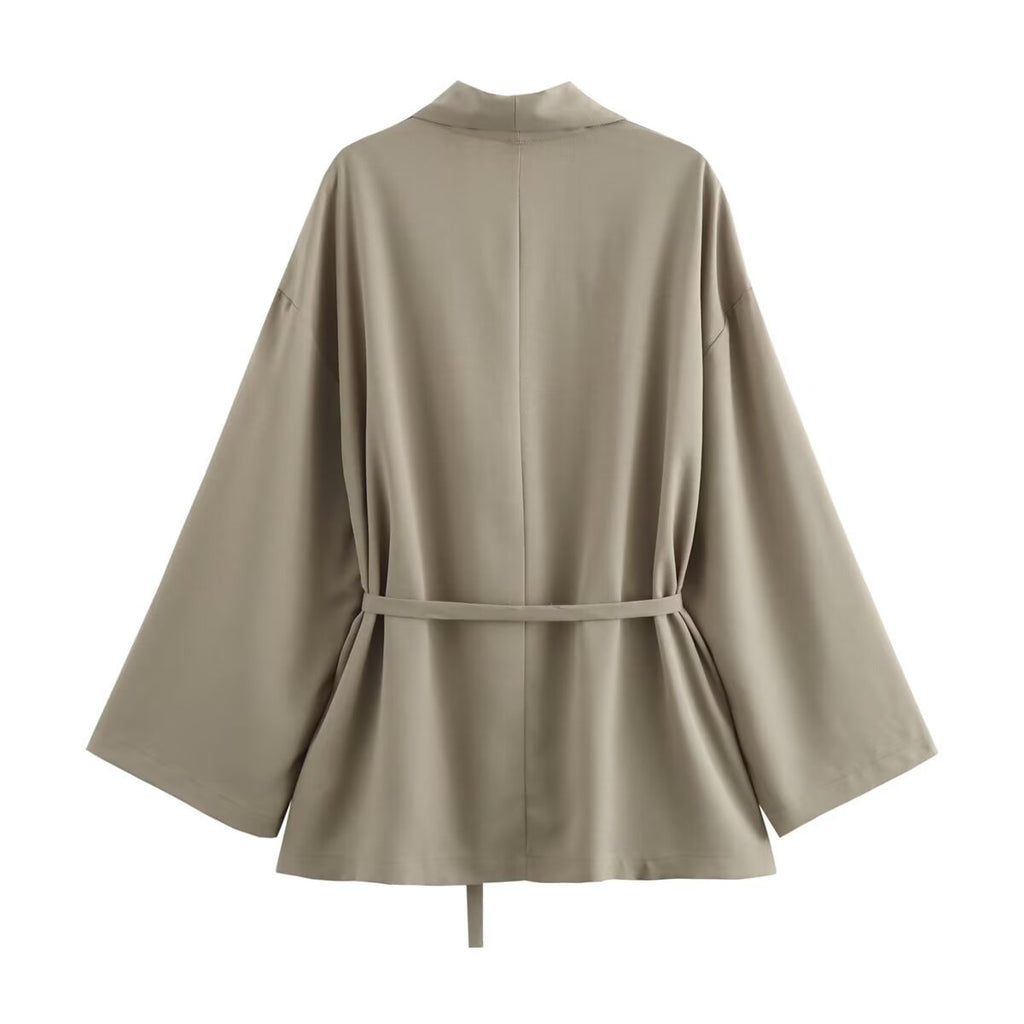 Texture Double Breasted Kimono Top Drawstring Pants Suit