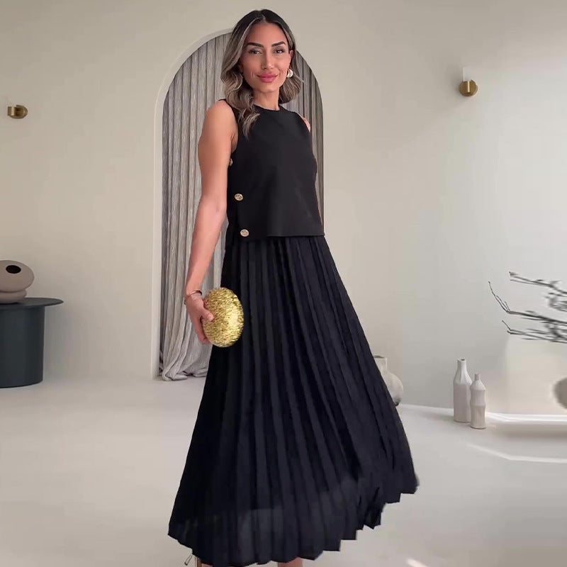 Sleeveless Top High Waist Pleated Skirt Suit