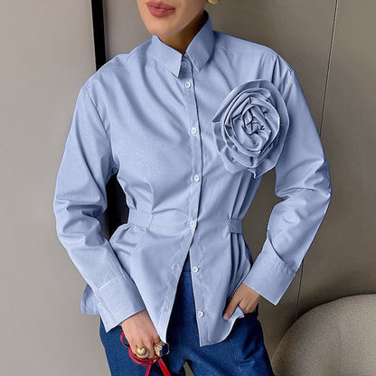 Lässiges Slim-Fit Langarmshirt mit Streifen und blauen Blumen aus Polyester-Baumwollmischung