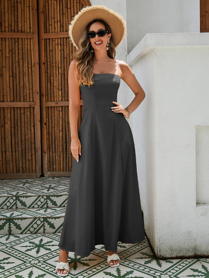 Damen trägerloses Leinen-Maxikleid – Atmungsaktiver Stoff mit gesmoktem Rücken, schmeichelhafter A-Linien-Schnitt in klassischem Schwarz, Weiß und Gelb
